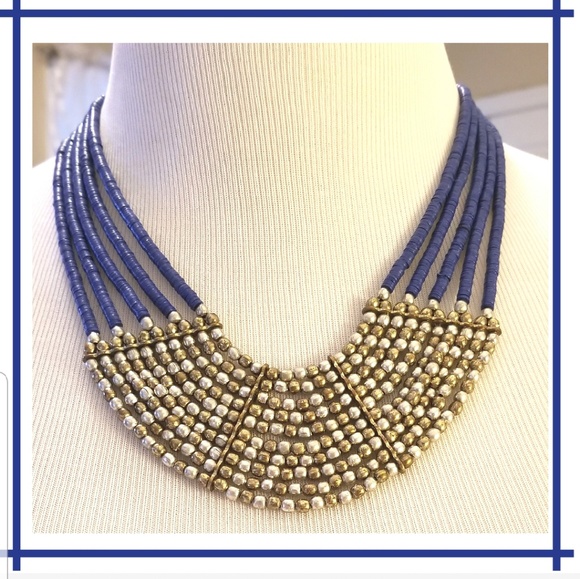 Jewelry - {Blue Necklace} W/Silver And Gold Balls
